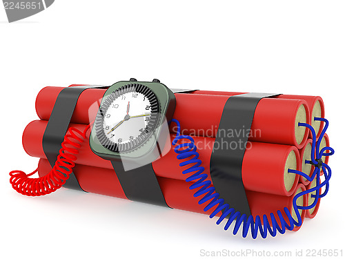 Image of Time bomb with dynamite and clock detonator on white