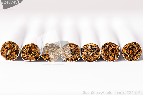 Image of Cigarettes arranged in a row, a background