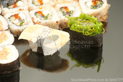 Image of Japanese seafood sushi , roll set closeup