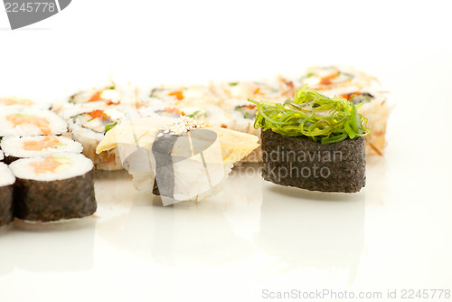 Image of Japanese seafood sushi , roll set closeup