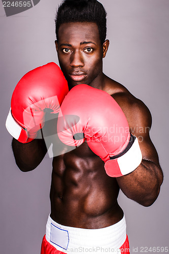 Image of Muscular male boxer with serious look on face