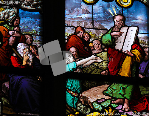 Image of Stained glass window depicting Moses showing the Stone Tablets w