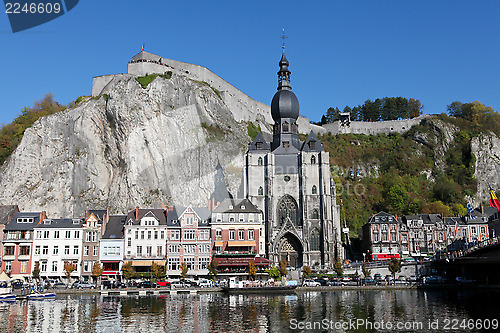 Image of The center of the town of Dinant with the citadelle on the rock and Collegiate Church of Notre-Dame at the Meuse river