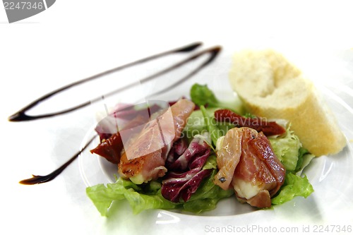 Image of mozzarella grilled in the pig ham as gourmet food background