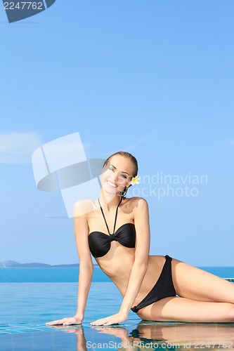 Image of Smiling Woman Reflected In Pool