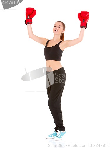 Image of Beautiful sporty woman with boxing gloves