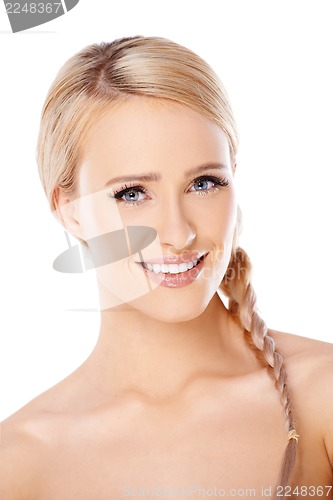 Image of Adorable young woman over white