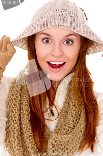 Image of Beautiful woman wearing warm winter clothes