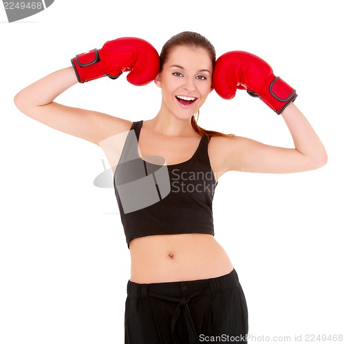 Image of Beautiful sporty woman with boxing gloves