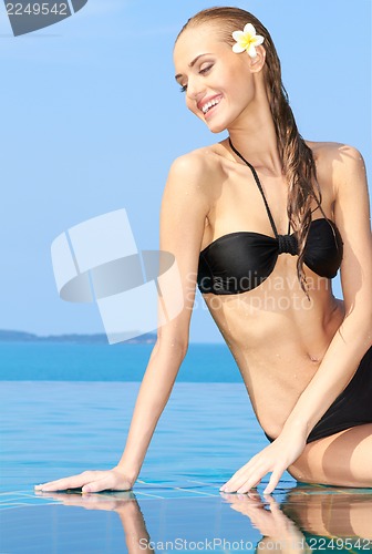 Image of Smiling Woman Reflected In Pool