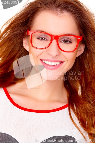 Image of Portraif of young woman wearing glasses on white