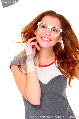 Image of Portraif of young woman wearing glasses on white