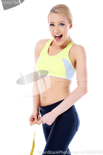 Image of Shocked woman measuring her body