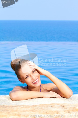 Image of Cute in swimming pool with copy space