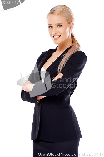 Image of Cute blond business woman on white