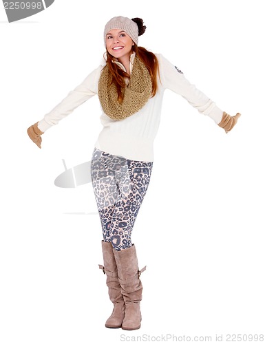 Image of Beautiful woman wearing warm winter clothes