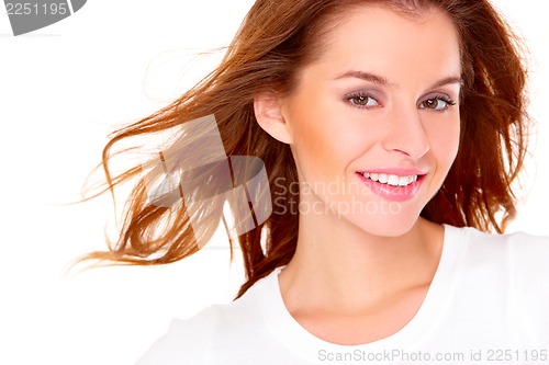 Image of Portrait of cute young woman over white