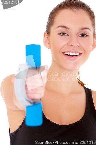 Image of Portrait of fitness woman working out with free weights