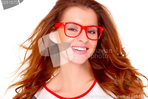 Image of Portrait of young woman wearing glasses on white