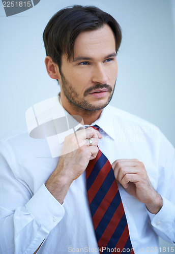 Image of Attractive man straightening his tie