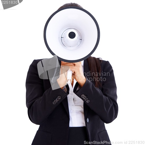 Image of Woman holding big megaphone in front of her face