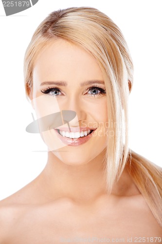 Image of Happy blond woman  smiling