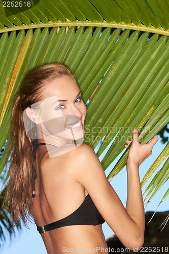 Image of Gorgeous girl standing next to palm tree