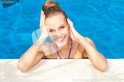 Image of Cute in swimming pool with copy space