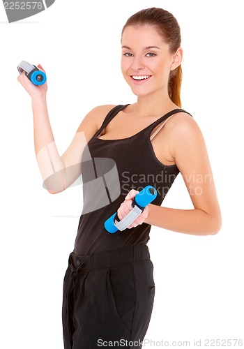 Image of Portrait of fitness woman working out with free weights