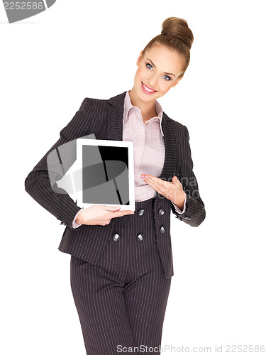 Image of Young business woman showing tablet screen