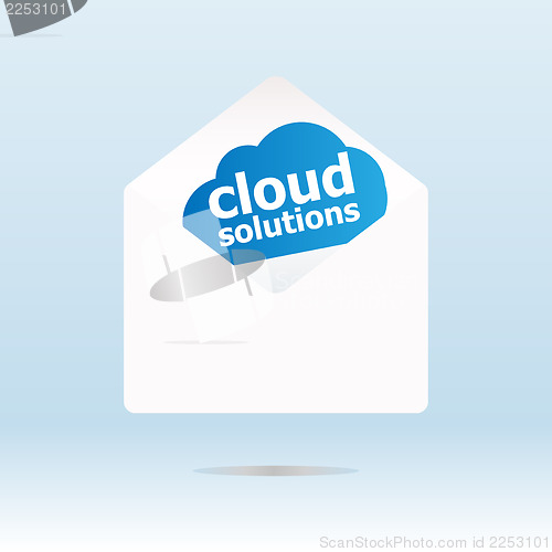 Image of cloud solution word on blue cloud, mail envelope