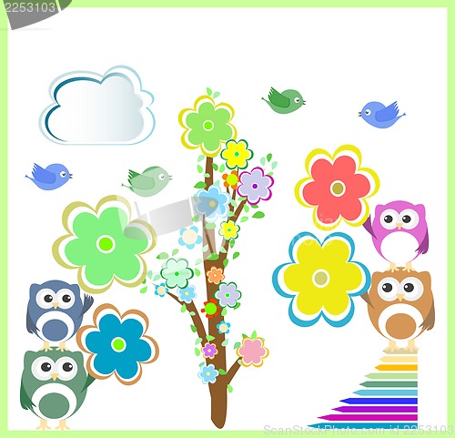 Image of Owls and birds, trees and flowers