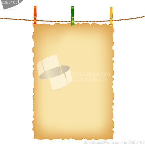 Image of Old paper background and clothes pins with rope. Contains a gradient mesh.