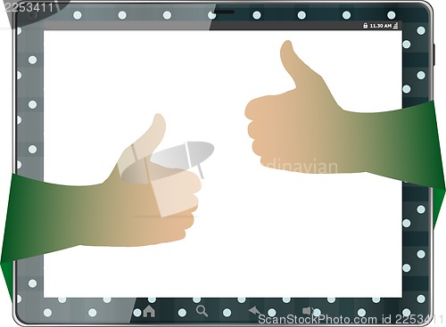Image of Digital ?ablet pc with girl hand