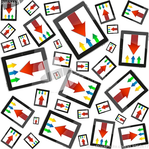 Image of Tablet pc with business arrow on screen seamless pattern