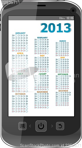 Image of black smart phone on white background with calendar 2013