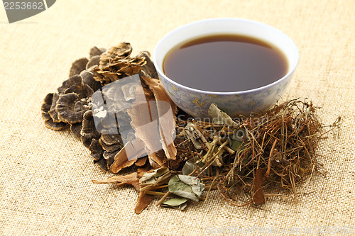 Image of Herbal drink on the linen table 