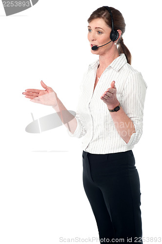Image of Female executive explaining, hands movement