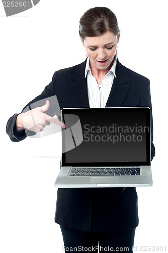 Image of Saleswoman pointing at screen of new laptop