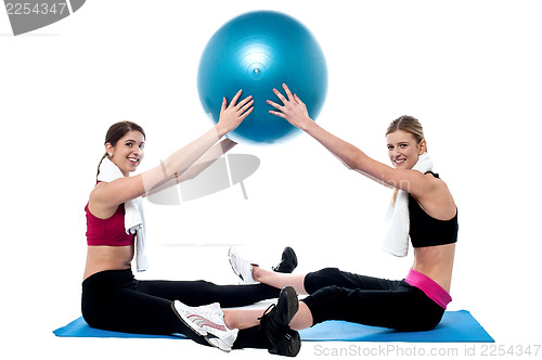 Image of Fit women practicing with pilates ball