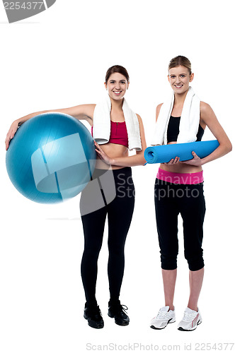 Image of Two fitness girls posing after workout