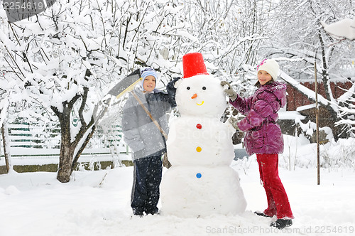 Image of snowman and kids