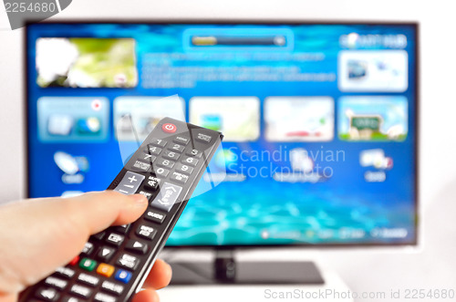 Image of Smart tv and  hand pressing remote control