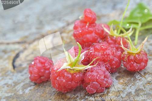 Image of raspberry on wood background
