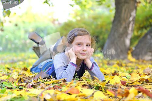 Image of little girl lays on the leaves