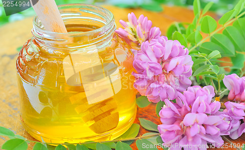 Image of glass jar full of honey and stick with acacia pink and white flo