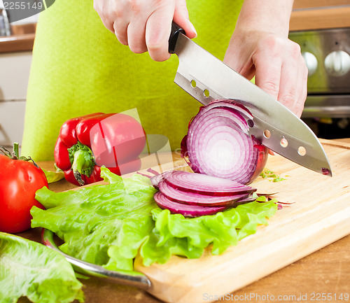 Image of Woman's hands cutting bulb onion