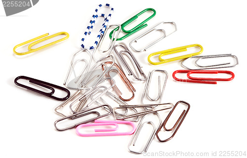Image of Different paper clips on white background