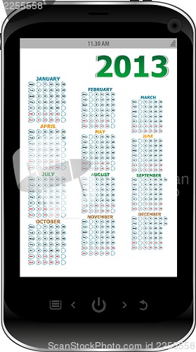 Image of black smart phone on white background with calendar 2013