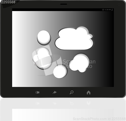 Image of speech bubble on black tablet pc social, network concept
